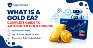 Alt text: Featured image for a Gold EA blog showing the fxsignalsfree logo, the headline “What Is a Gold EA? Complete Guide to Automated Gold Trading,” and a visual of a trading robot, XAUUSD chart, gold bar, and gold coin.